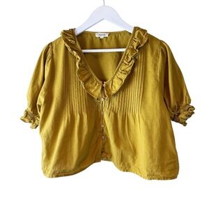 Nicoli Ruffle Collar Short Sleeve Button‎ Down Blouse - Mustard Yellow, M